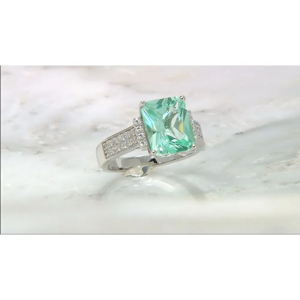 Gorgeous 5.08 Ct. Seafoam Green Spinel & Sim Diamond Engagement Ring Sz 8~.925SS